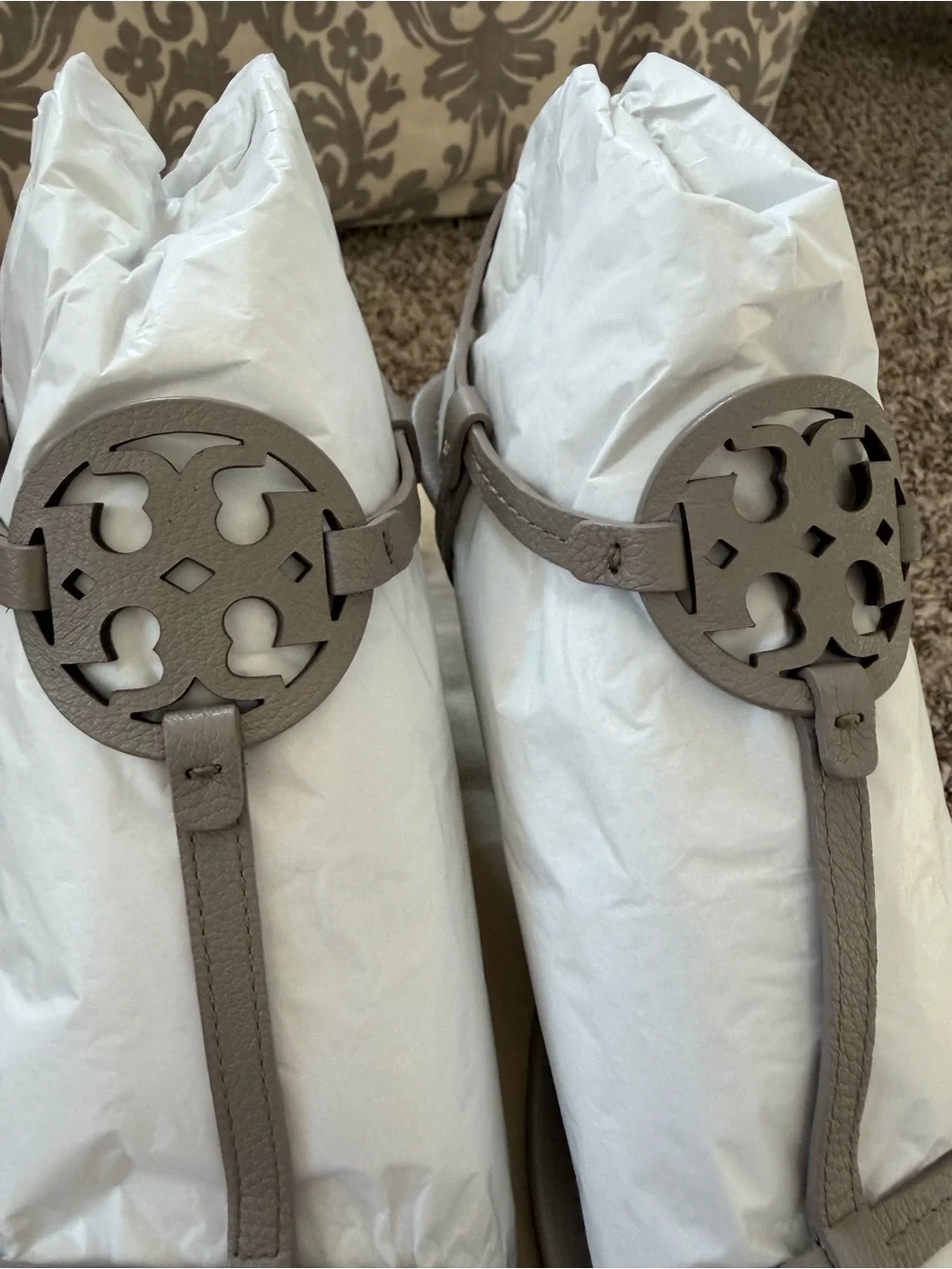 Tory Burch Taupe Miller T-Strap Leather Sandals